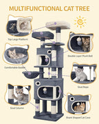 62.6" Cat Tree for Indoor Cats, Cat Tower, Multi-Level Cats Condo with 8 Scratching Posts, 3 Platforms, 2 Caves, Basket, Plush Balls, Sisal Rope, Anti-Tip Kit, Dark Grey MS15918SG