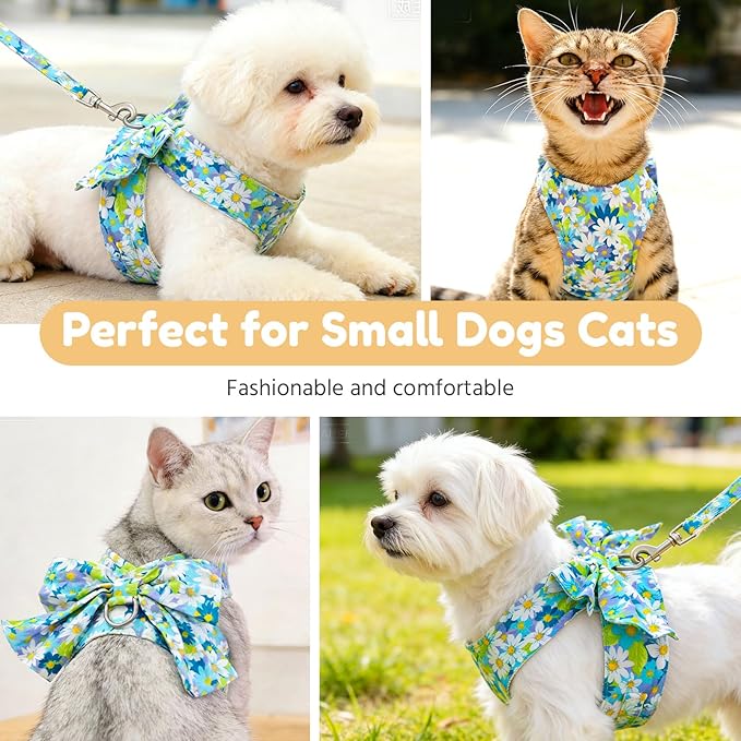 BAEJMJK Dog Harness and Leash Set with Bow Knot No Pull Pet Daisy Floral Harness with D-Ring Soft Mesh Dog Harness Vest Set Escape Proof Princess Puppy Harness for Small Girl Dogs Cats（Blue A XS）