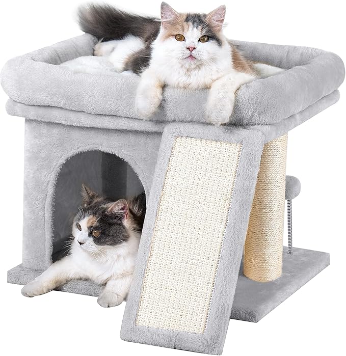 Cat Tree Tower for Large Cat, Cat Bed House with Large Perch for Adult Cats, 20 * 16.5 Inch Big Platform for Indoor with Super Cozy Mat, Large Condo with Scratching Post, Light Gray