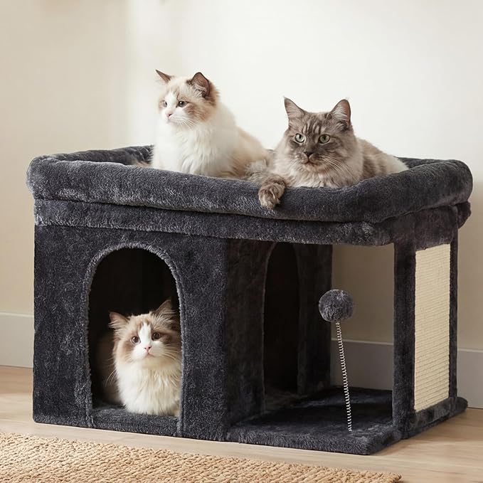 Heybly Cat Tree, 14 inch Cat Tower with Large Perch Bed and Cat Condo for Indoor Cats Large Adult, Cat House with Scratching Posts and Interactive Spring Balls for Your Kittens, Smoky Gray HCT203SG