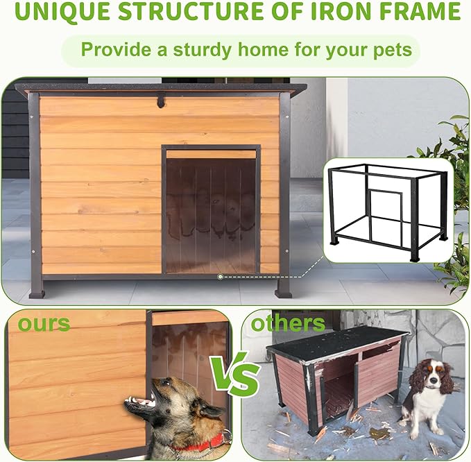 Insulated Dog House Outdoor Weatherproof, Wooden Heated Large Houses with Removable Liner for Winter, Upgrade Anti-Chewing Iron Frame Dog Shelter for Puppies, Cats