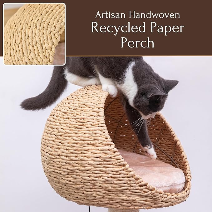 PetPals 2-Level Cat Tree with Handwoven Recycled Paper Rope Baskets, Sisal Scratching Posts, Playful Teaser Toy, Eco-Friendly, Washable Cushion, Cat Furniture (Brown Beige)