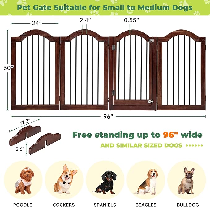 PrimeZone 96" Wide Dog Gate with Door - 30" Tall 4-Panel Solid Acacia Wooden Freestanding Puppy Gates, Foldable Indoor Pet Fence for Doorways, Stairs, Support Feet Included, Brown