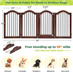 PrimeZone 96" Wide Dog Gate with Door - 30" Tall 4-Panel Solid Acacia Wooden Freestanding Puppy Gates, Foldable Indoor Pet Fence for Doorways, Stairs, Support Feet Included, Brown