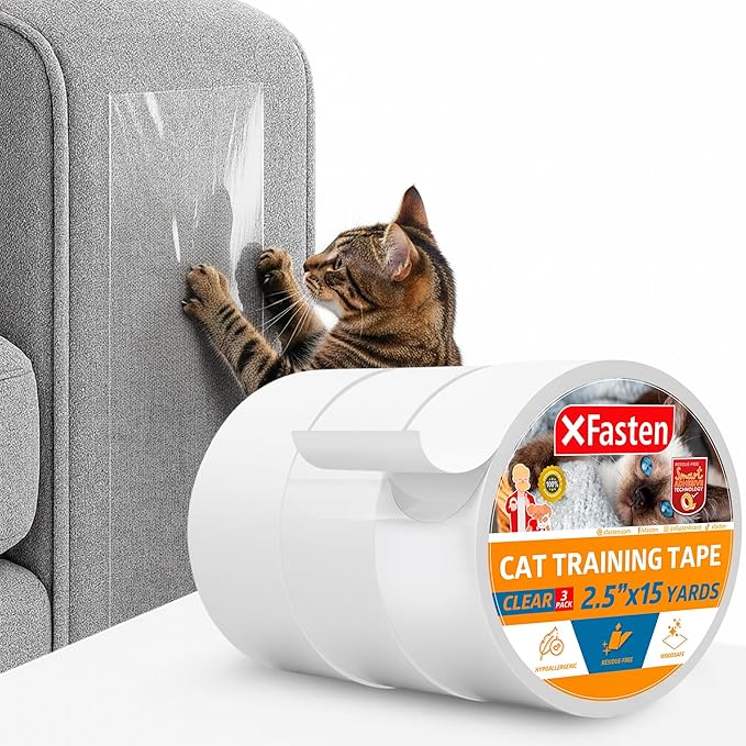 XFasten Anti-Scratch Cat Training Tape, Clear, 2.5-Inches x 15 Yards, 2.5-Inches x 15 Yards (3-Pack) Door, Couch, Furniture and Leather Scratch Guard Protector Tape for Cats and Pets