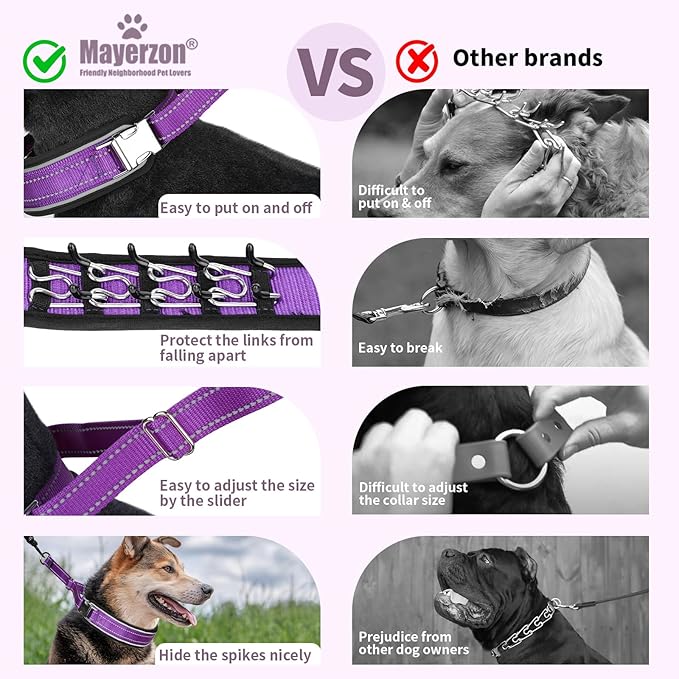 Mayerzon Prong Collar for Large Medium Dogs, Patented Reflective Pinch Collar with Metal Buckle, No Pull Adjustable Hidden Covered Dog Walking Training for Pitbull German Shepherd Doberman(Purple, XL)
