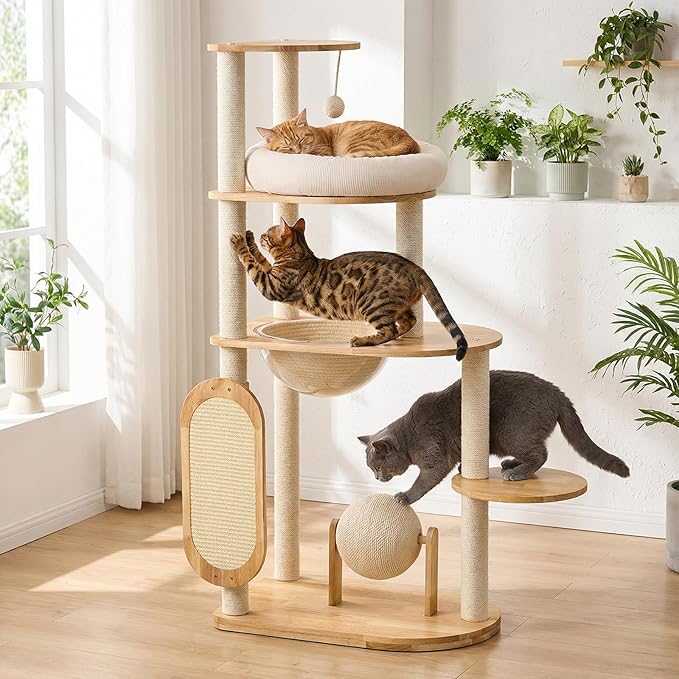Solid Rubber Wood Cat Tree Tower with Scratching Posts Cat Scratching Ball and Board Washable Easy Clean for Large & Multi-Cat Homes