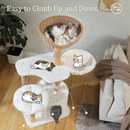 PETEPELA Modern Cat Tree Tower for Indoor Large Cats w/Removable Flower Perch, Real Solid Wood Cat Scratching Posts, Boho Ratten Cat Furniture w/Cozy Condo & Wicker Basket Bed, White