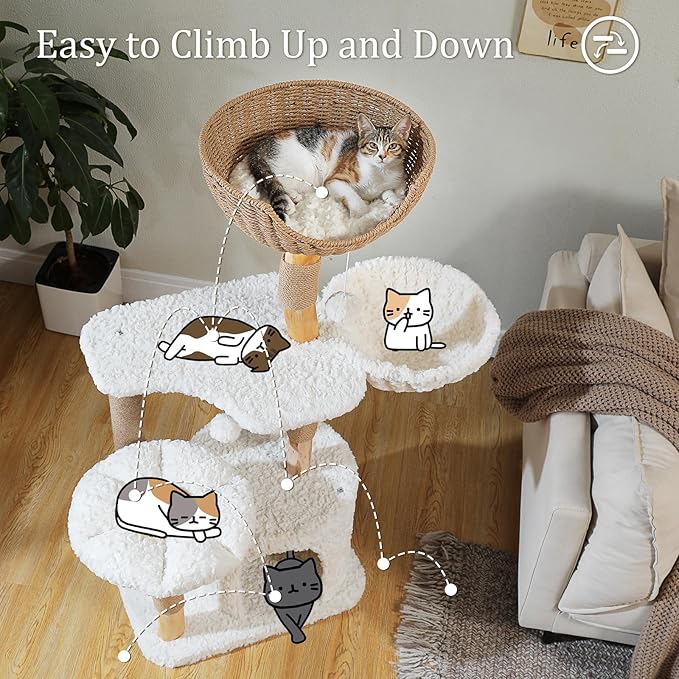 PETEPELA Modern Cat Tree Tower for Indoor Large Cats w/Removable Flower Perch, Real Solid Wood Cat Scratching Posts, Boho Ratten Cat Furniture w/Cozy Condo & Wicker Basket Bed, White
