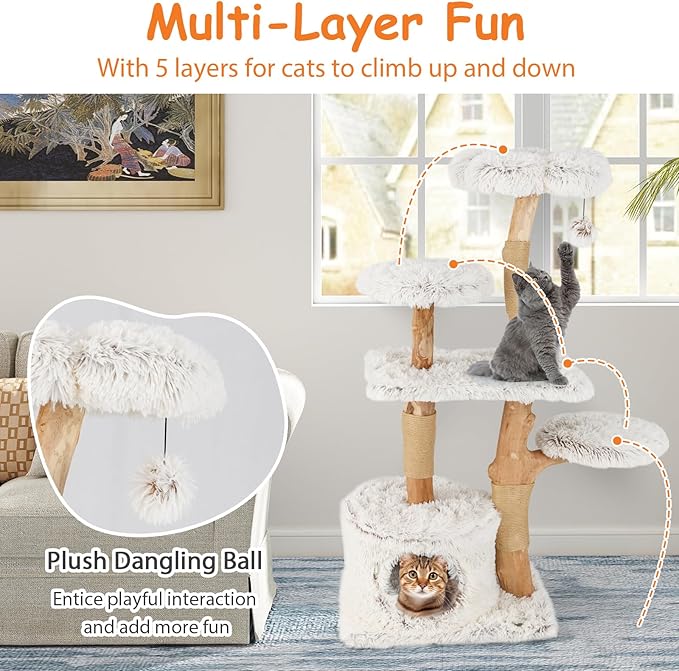 Tangkula Modern Cat Tree, 53 Inch Tall Natural Branch Wooden Cat Tower with Jute Scratching Posts, Plush Perch, Condo, Aesthetic Luxury Solid Wood Flower Cat Tree for Indoor Cats Large Adult (White)