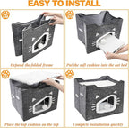Cat House for Indoor Cats, Large Covered Cat Bed with Cushion Pad Fluffy Ball Hanging, Foldable Cute Cat Cave Bed Cat Condo Hideaway for Pet Cats, Multi Small Pet, Grey