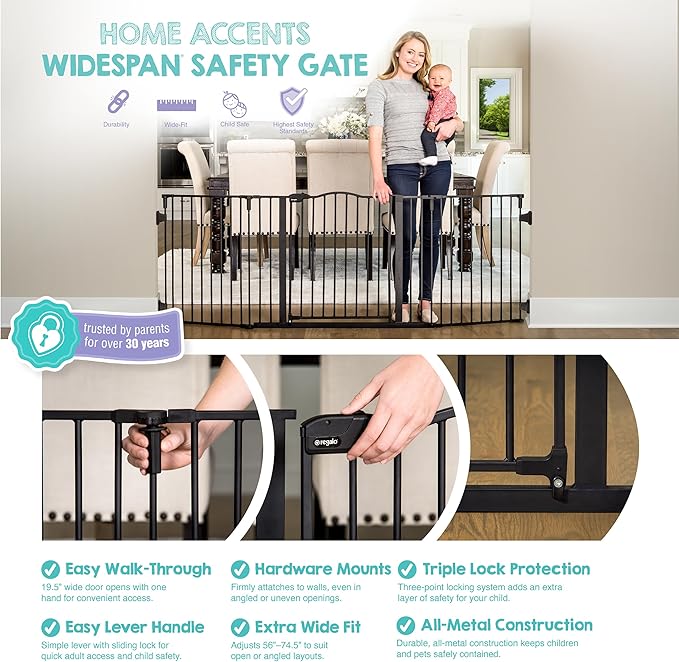 Regalo Safety 56-74.5" Super Wide Baby Gate for Doorways & Open Spaces, Wall Mounted Configurable Safety Gate with Walk-Through Door for Babies, Toddlers & Pets, Black