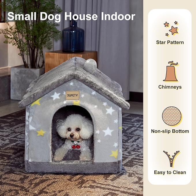 JIUPETY Cute Indoor Dog Houses, Dog Bed with Cover Cave, M Size for 6-11 Lb Dogs and 9-17 Lb Cats, Igloo Pet House with Non-Slip Bottom, Grey