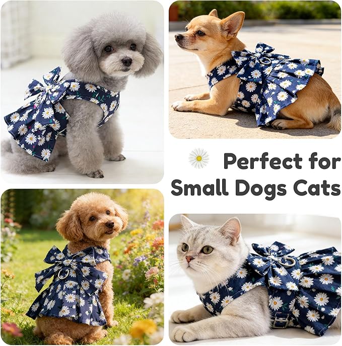 BAEJMJK Dog Dress Bowknot Harness Leash Set for Small Dogs Cats Daisy Floral Girl Dog Dresses Cute Puppy Princess Clothes Pet Doggy Outfits Spring Summer Breathable Dresses(Small, Navy Blue)