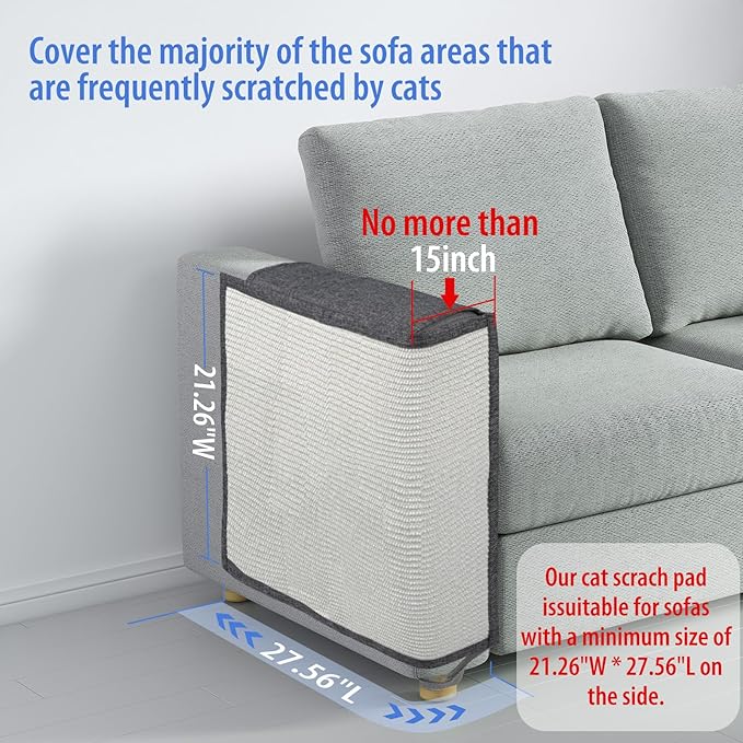 OROONOKO 1 Pack Reversible Cat Scratch Sofa Protector Natural Sisal for Furniture Protection, Universal Fit Both Sides, Protects Couches from Cat Claws & Scratching Uni-Handed (Grey)