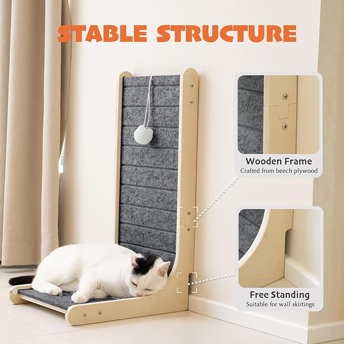 PETKARAY Felt Cat Scratcher, Vertical Cat Scratching Carpet, Scratch Resistant Couch Felt Scratcher, Slot-Free Scratch Pad with Toy Ball, Dark Grey