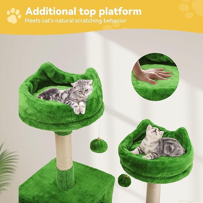 DWVO 75 in Multi-Level Cat Tower: Tall Cats Tree for Indoor Kittens, Pet Furniture with Kitty Condos, Top Perches, Sisal Ramp Scratching Posts, Cozy Basket, Hammocks, Green