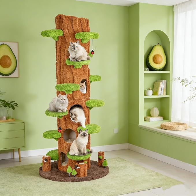 90.5 Inch Cat Tree for Indoor Cats, KAMABOKO Multi-Level Tall Cat Tower with Sisal-Covered Scratching Posts, Plush Perches, Hanging Toys & Spring Toys, Large Kitty Condo with Jumping Platforms