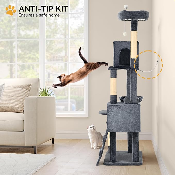 YITAHOME Cat Tree, 70.8 inches Large Cat Tower for Indoor Cats, Multi-Level House with 2 Padded Perches, Big Scratcher, Cozy Basket, 2 Cat Condos and Scratching Posts, Dark Gray
