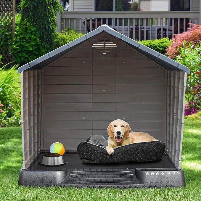 YITAHOME Plastic Dog House, Waterproof Indoor Outdoor Doghouse for Large or Small Dog, with Air Vents and Elevated Floor, Easy Assemble and Clean