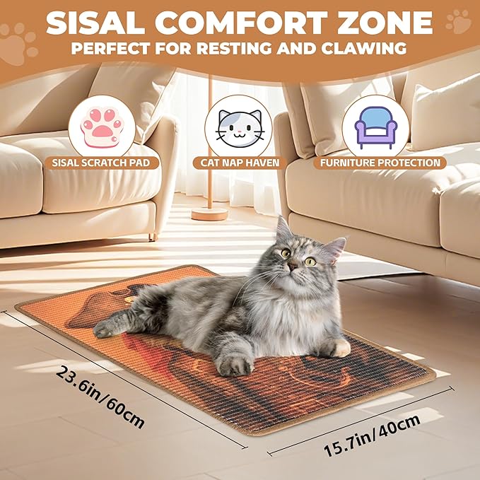 Sisal Cat Scratcher Mat, Cat Wall Scratcher for Indoor Cats, 23.6x15.7 Inch Cat Scratch Pad with Hook & Loop, Wall Mounted Cat Scratching Post to Protect Couch and Carpet（Explorer Cat）