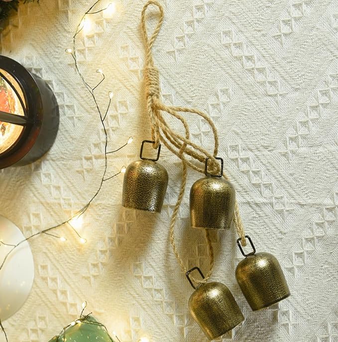 Christmas Bells,Vuskly Gold Bells Metal Hanging Bells with Jute Rope Christmas Bells for Decoration Vintage Ideal for Christmas Tree, Wreath,Party, Wedding Decorations1.6W x 20H