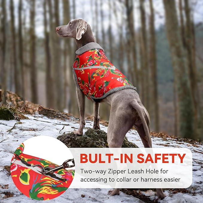 VIVAGLORY Snowrap Dog Coat, Jacket with Harness Hole, Dog Coat for Winter & Cold Weather, Fluffy Warm Fleece Lined Reflective Water Resistant for Puppy, S, Northeast Florals-Red