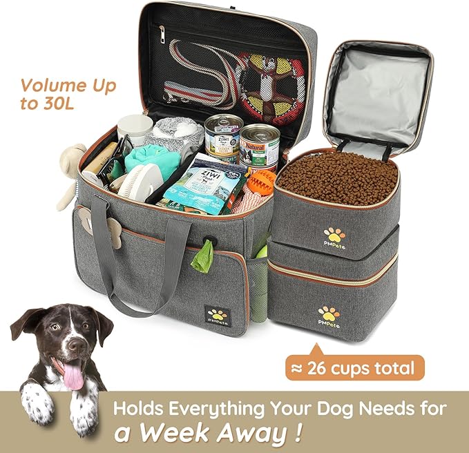 Dog Travel Bag for Traveling| Week Away/Overnight Dog Travel Accessories with Multi-Function Pockets| Travel Set for Dogs and Cats|Ideal Pet Diaper Bag and Pet Gift Kit(Grey)