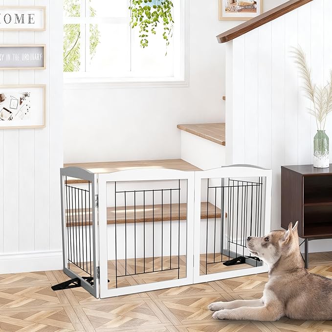 Dog Fence Indoor,Dog Gate Indoor for Doorway pet gate - 6-Panel Freestanding, Hallways, House or Stairs -120x24-Inch Retractable Foldable Expandable Wood Pet by SFJC (White)