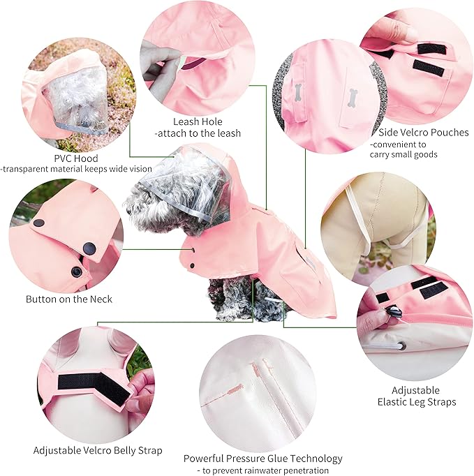 Dog Raincoat,Waterproof Rain Poncho with Hoodie, High Reflective Adjustable Pet Rain Jacket with Leash Hole for Small Medium and Large Dogs (Pink, Large)
