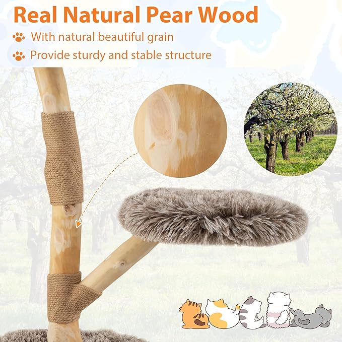 PETSITE 35.5-inch Wood Cat Tree, Multi-Level Real Pear Wood Modern Cat Tower with Jute Scratching Posts, Jute Rope, Cozy Top Perch, Jumping Platform, Soft Long Plush Covered