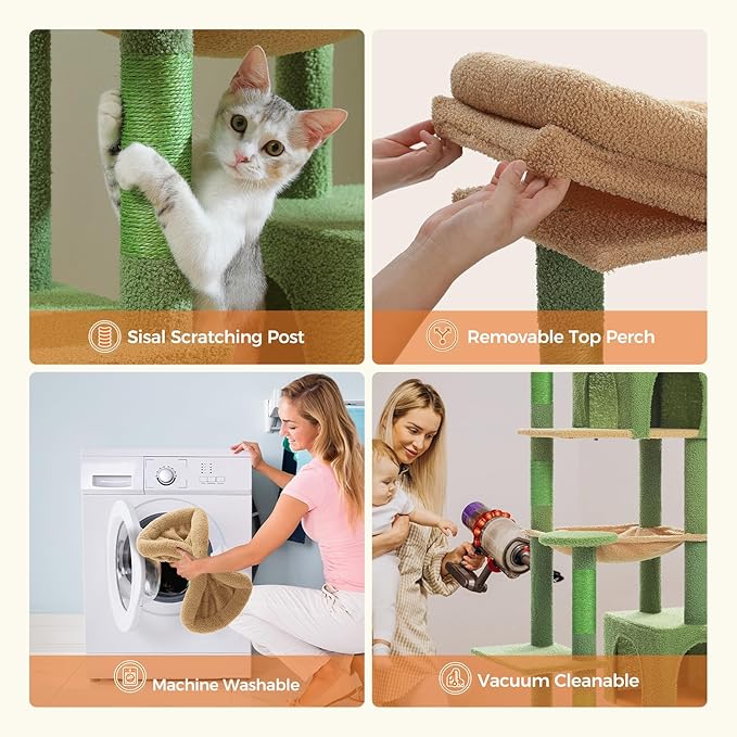 PETEPELA 69" Tall Cat Tree for Indoor Large Cats, Cat Tower for Adult Cats with Big Hammock, Cat Climbing Tree Tower with Scratching Posts, Condo House and Large Top Perch, Green