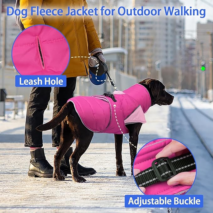 MIGOHI Warm Dog Jacket - Waterproof Small Dog Coat with Furry Collar, Windproof Dogs Fleece Vest, Reflective Cold Weather Coats for Small Dogs, Adjustable Buckle,Poodle,S,Rosepink