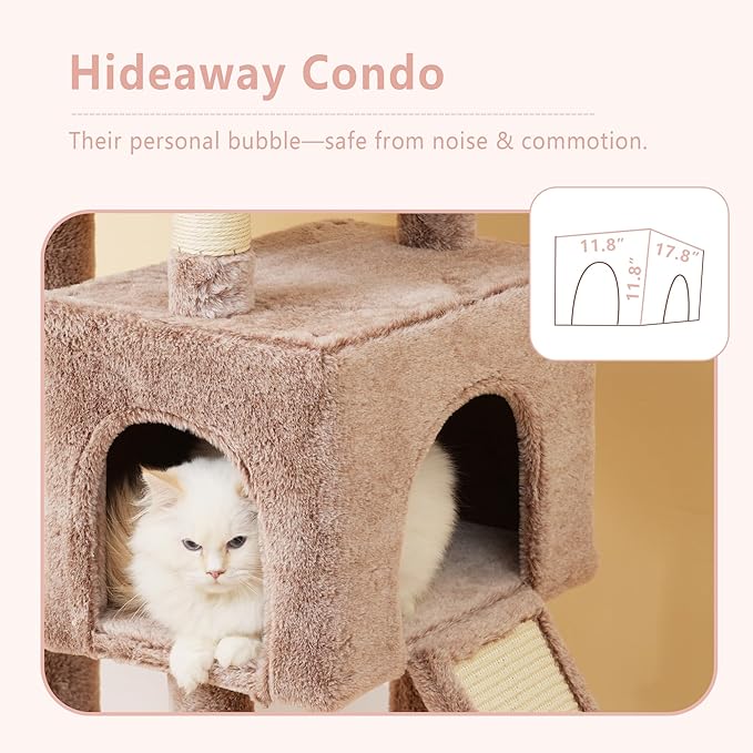 Heybly Heavy Duty Cat Tree, 64.2-Inch Tall Tower for Large Indoor Cats with Widened Structure, Cat Furniture with Big Platforms, Extra-Large Hammock, Sisal Scratching Posts & Board, Muchroom HCT027MU