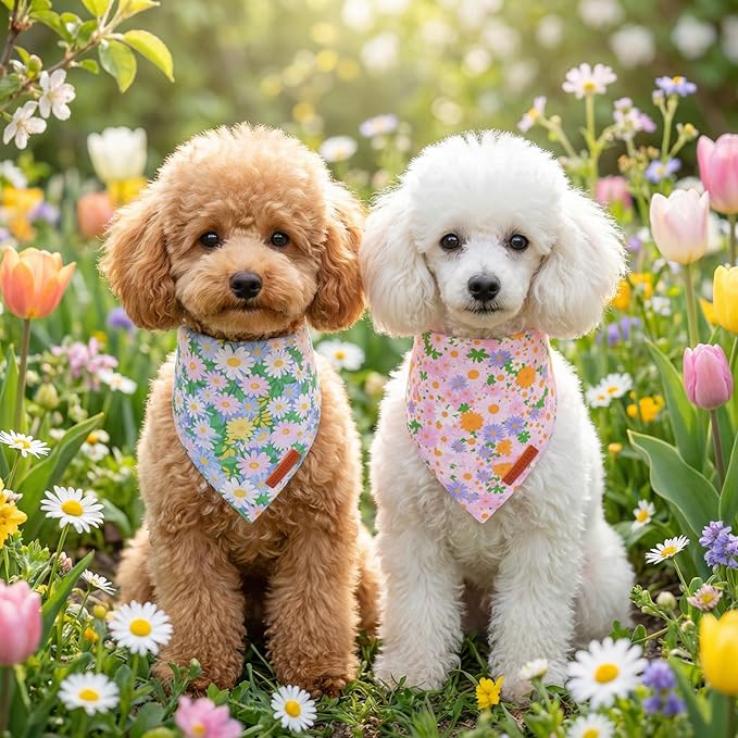 ADOGGYGO Floral Dog Bandanas, Spring Summer Daisy Pet Scarf, Premium Fabric, Purple Pink Flower Bandanas for Small Dogs (Small)