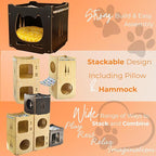 Stackable Cat House for Indoor Cats Bed, Wooden Cat Shelter, Cat Cube, for Cats, Kittens, and Puppies, 15x15x15 inches, Hammock & Pillow Included, Cat Tower, Modern Design, Black
