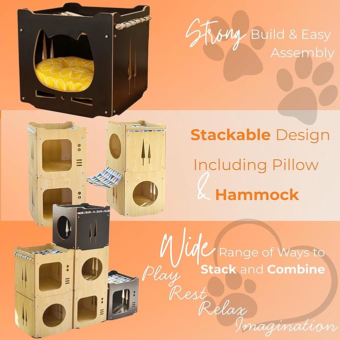 Stackable Cat House for Indoor Cats Bed, Wooden Cat Shelter, Cat Cube, for Cats, Kittens, and Puppies, 15x15x15 inches, Hammock & Pillow Included, Cat Tower, Modern Design, Black