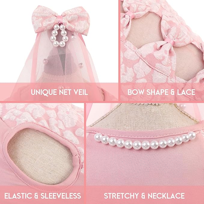 ASENKU Dog Dress, Dog Wedding Dress, Pet Lace Princess Dress with Bows for Wedding Birthday Party, Puppy Formal Apparel with Pearl Necklace for Small Dogs (Pink, Small)