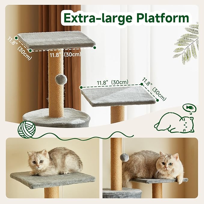 Multi-Level Cat Tree Tower, 132cm Tall, Grey Plush with Condo, Hammock, Platforms, Sisal Posts, 55x38cm Base