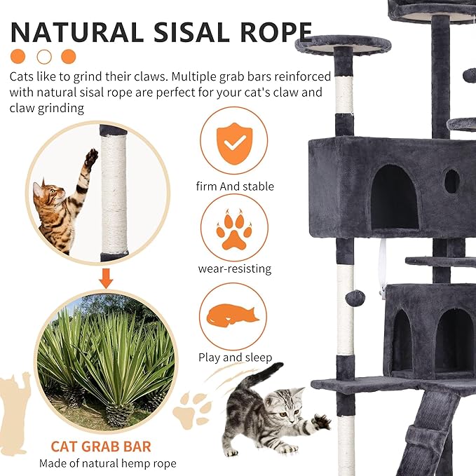Heavy Duty Cat Tree, 70 Inch Tall Tower With 3 Top Perches Platforms & 2 Cozy Condos, Climbing Tower With Ladders & Sisal Pole, Scratching Tree for Large Cats Play House, Ashy