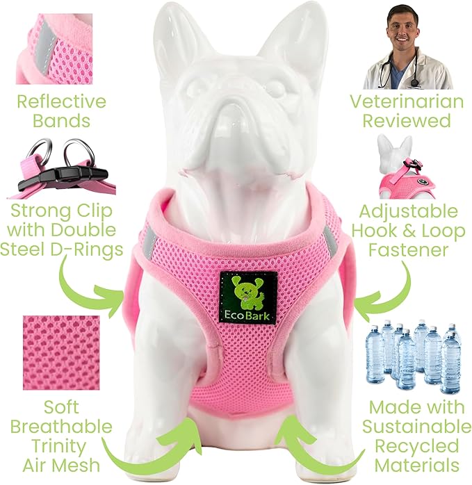EcoBark Step in Dog Harness - Eco-Friendly Dog Halter Harness for XS, Small, & Medium Breed Dogs - Soft Luxurious Mesh - Reflective and Adjustable - Dog Body Chest Harness Vest (Baby Pink, Medium)