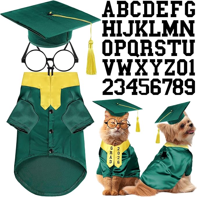 5 Pcs Dog Graduation Costume Set Include 2026 Pet Graduation Gown with Stole Puppy Grad Cap Lensless Glasses DIY Letter Stickers for Dogs Cats Holiday Costume Accessory(Green Yellow,S)
