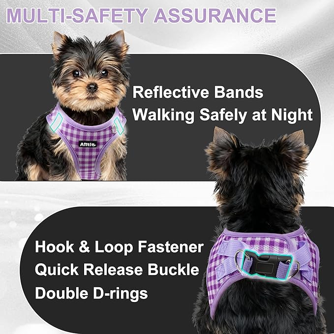 AIITLE Medium Dog Harness – Breathable Mesh with Plaid Design & Dual D-Rings – Secure Fit for Camping, Hiking & Daily Adventures (L, Purple)