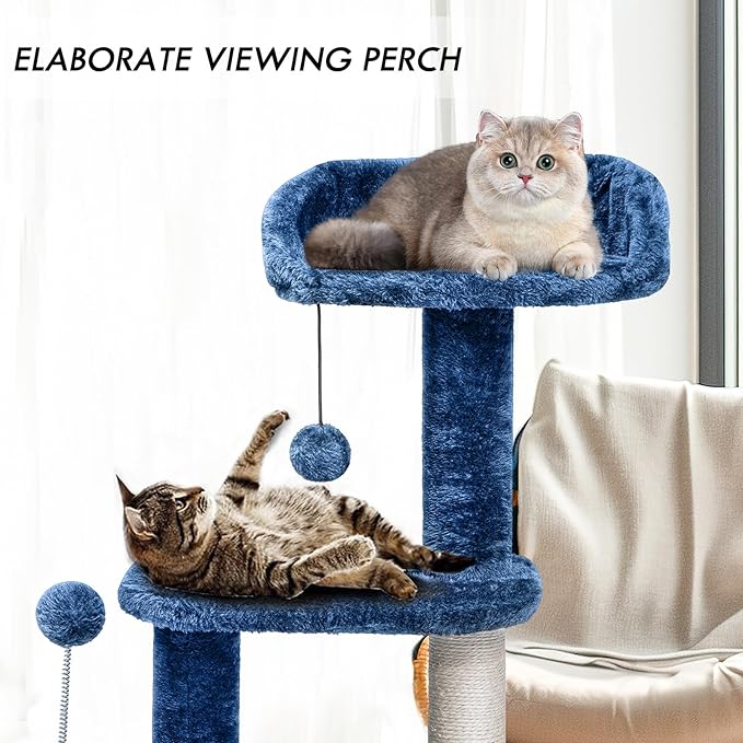 ClevaHome 33.5" Small Cat Tree Tower for Indoor Cats, Modern Kitten Condo with Sisal Scratching Post and Hanging Ball for Play, Denim Blue