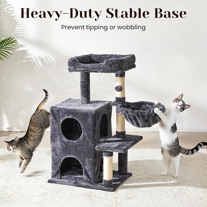 Medium Cat Tree with Scratching Posts, Cat Bed, Hammocks & Condos – Multi-Level Cat Tower for Playful Cats, 36" Modern Jungle Gym, Dark Grey