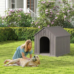 Fancyango Large Dog House Outdoor Indoor, Sturdy Plastic Waterproof Doghouse with Air Vents and Elevated Floor, Easy Clean and Assemble for Medium Large Dogs (Classic Grey, 36.2''L×38''W×38''H)