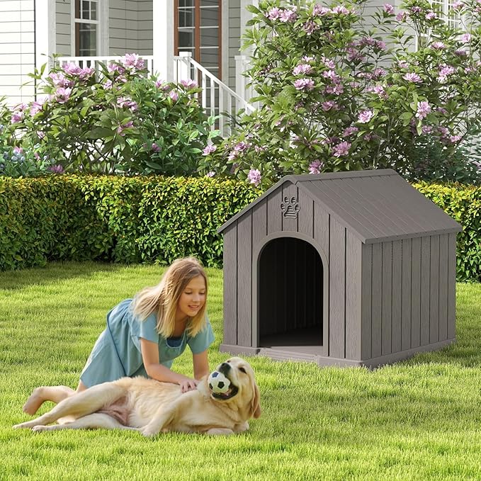 Fancyango Large Dog House Outdoor Indoor, Sturdy Plastic Waterproof Doghouse with Air Vents and Elevated Floor, Easy Clean and Assemble for Medium Large Dogs (Classic Grey, 36.2''L×38''W×38''H)