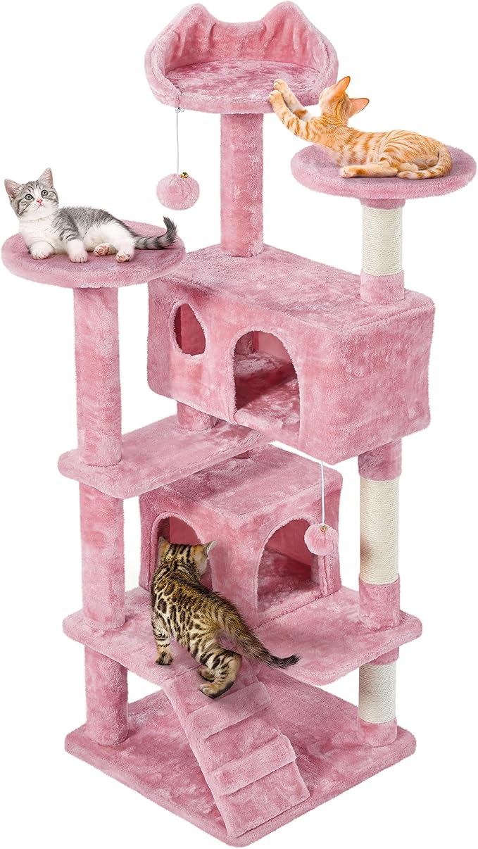 Topeakmart 54in Cat Tree, Cat Tower w/Large Cat Condo Scratching Posts and Perch, Cat Stand House Furniture, Pink
