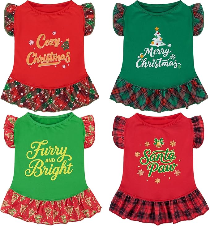 XPUDAC 4 Pack Christmas Dog Dress Plaid Puppy Clothes for Small Dogs Girl Cute Pet Outfit Doggy Apparel Cat Holiday Party Costume, Red, Green, XS