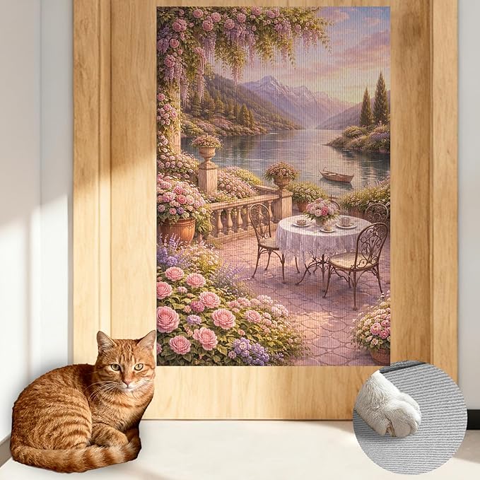 Nuxovilar Cat Wall Scratcher 15.3x23.6 Inches Polyester Synthetic Fiber, Lakeside Floral Patio Print, wall scratchers for Indoor Cats, cat Scratching mat, Home Decor, Balcony, Sunroom (2pcs)